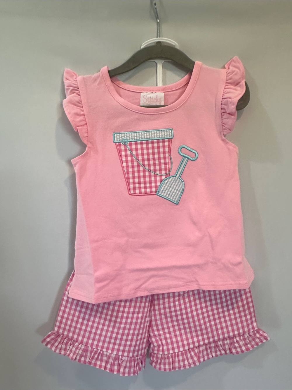 Pink Ruffle Sleeve with Gingham Shorts & matching bow
